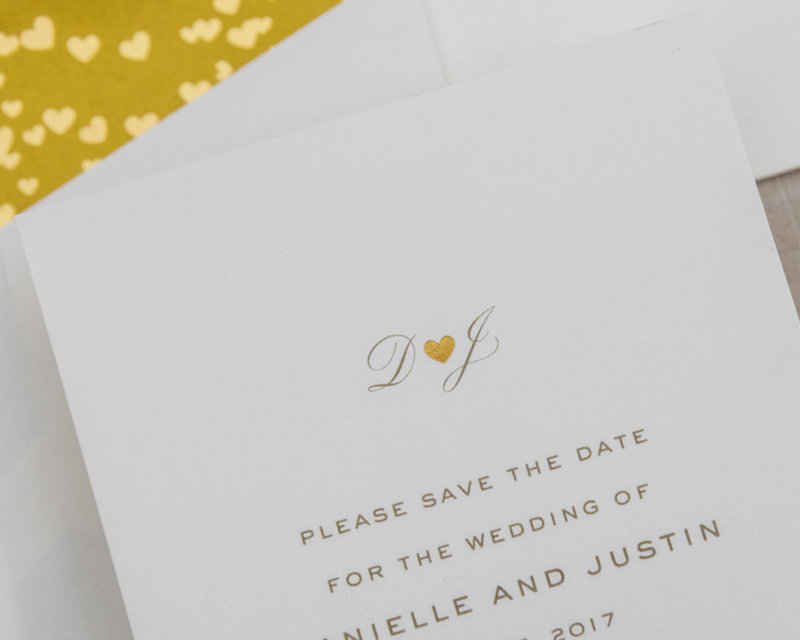 gold foil heart detail wedding save the date