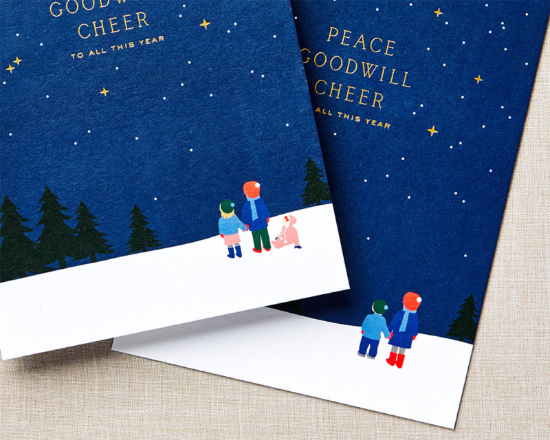peace goodwill cheer holiday card gold foil