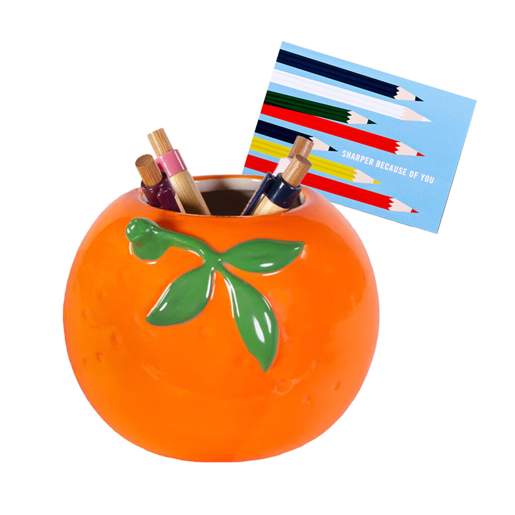 ban.do orange-shaped ceramic pencil holder with Cheree Berry Paper & Design Teacher Note