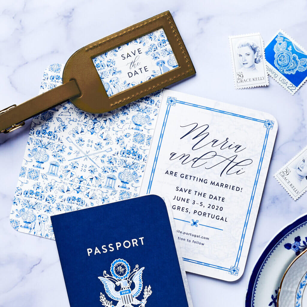 faux passport folded save the date with luggage tag gift