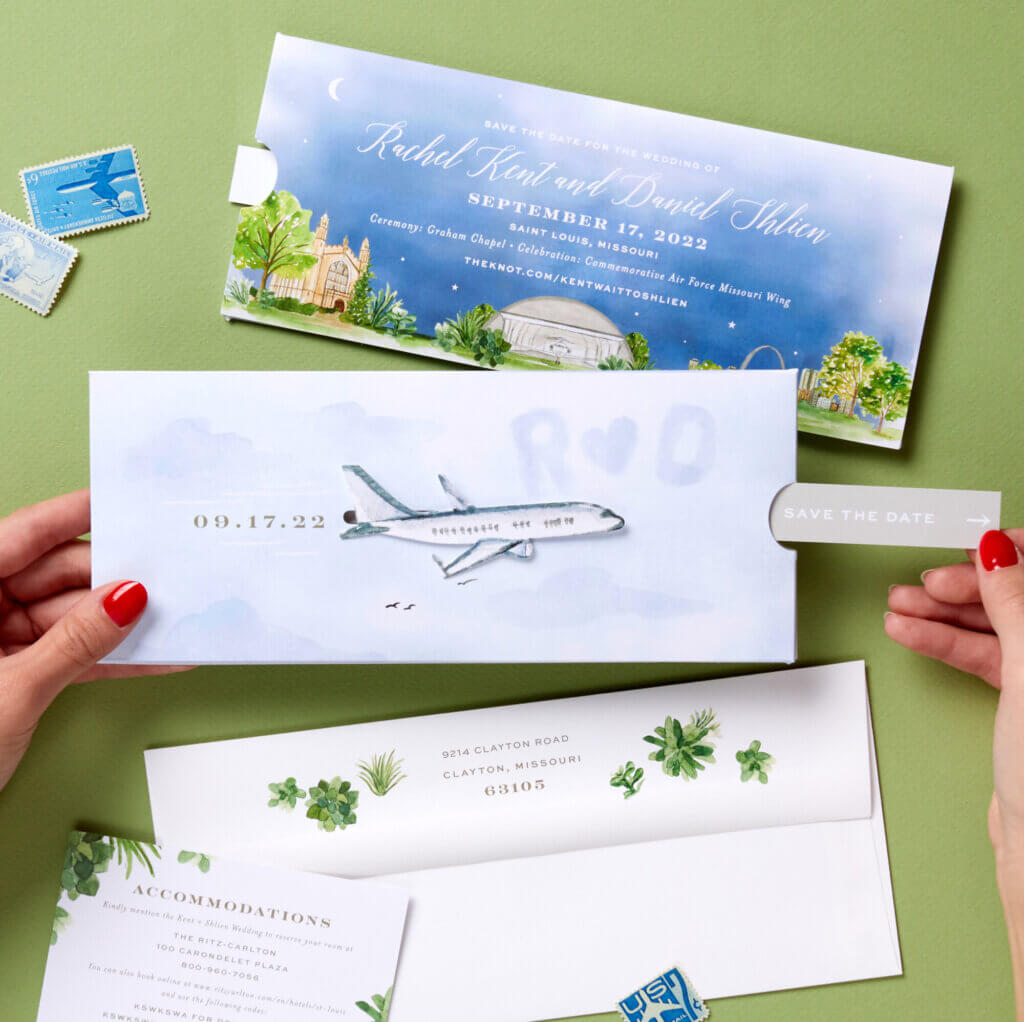 save the date with pull tab airplane