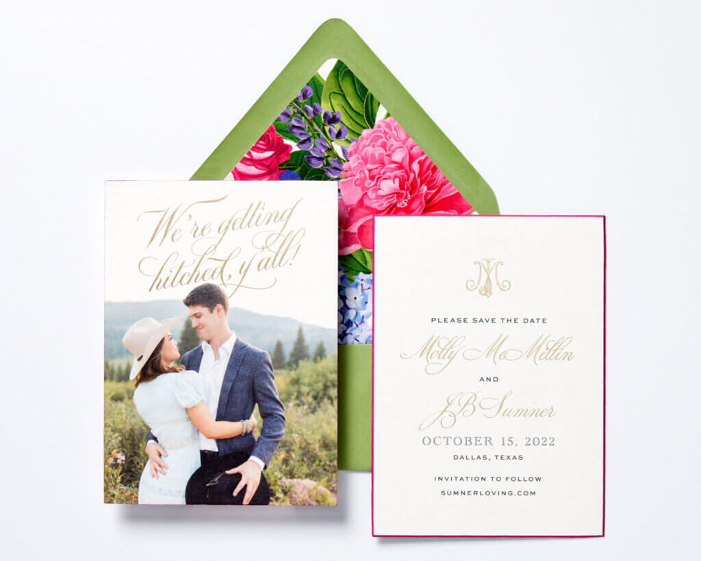 custom save the date with photo and foil stamped text on one side and information on the other