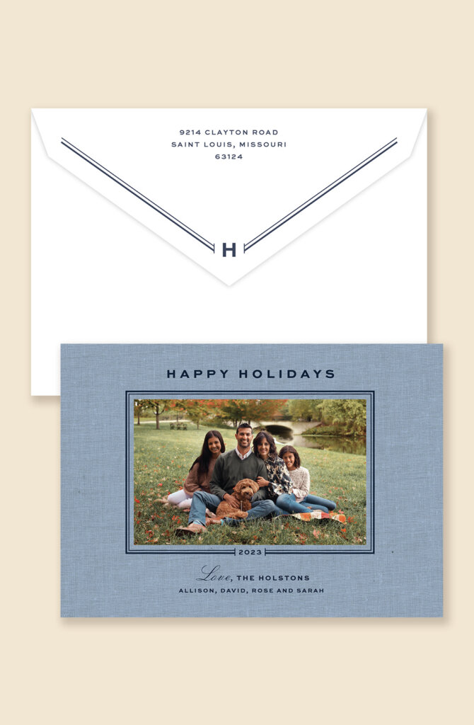 Classic personalized holiday card from Cheree Berry Paper & Design printed on blue linen with attached photo
