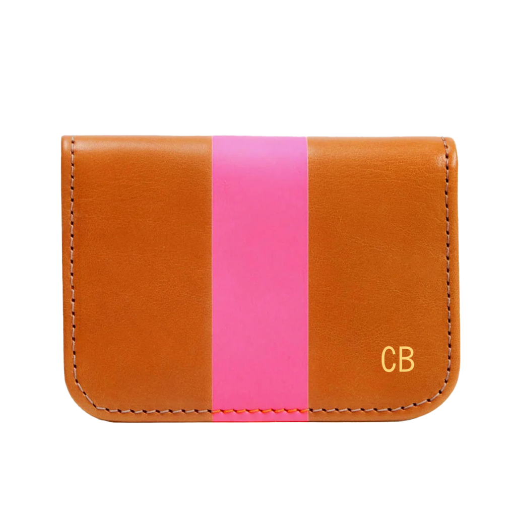 Clare V. card case with neon pink stripe and gold foil monogram