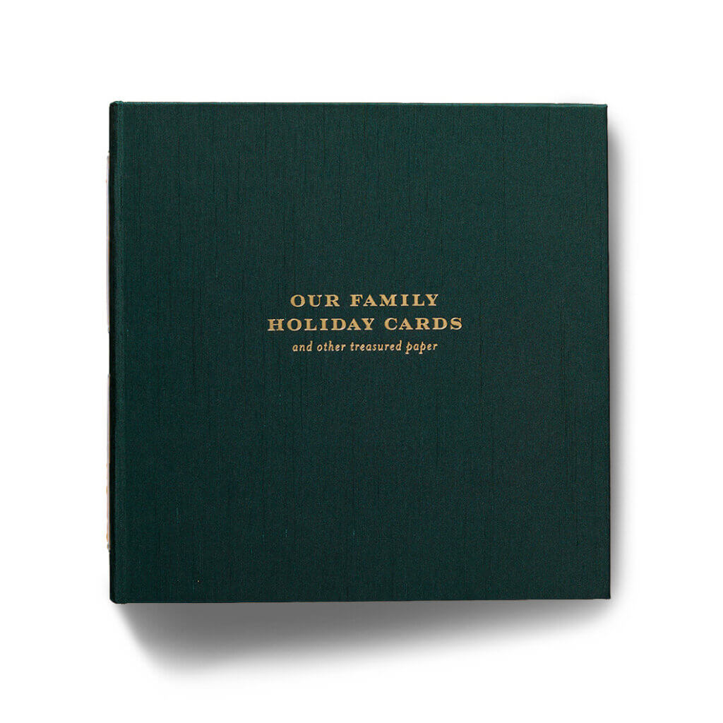 Cheree Berry Paper & Design holiday card keepsake book with torn emerald silk cover and gold foil stamping